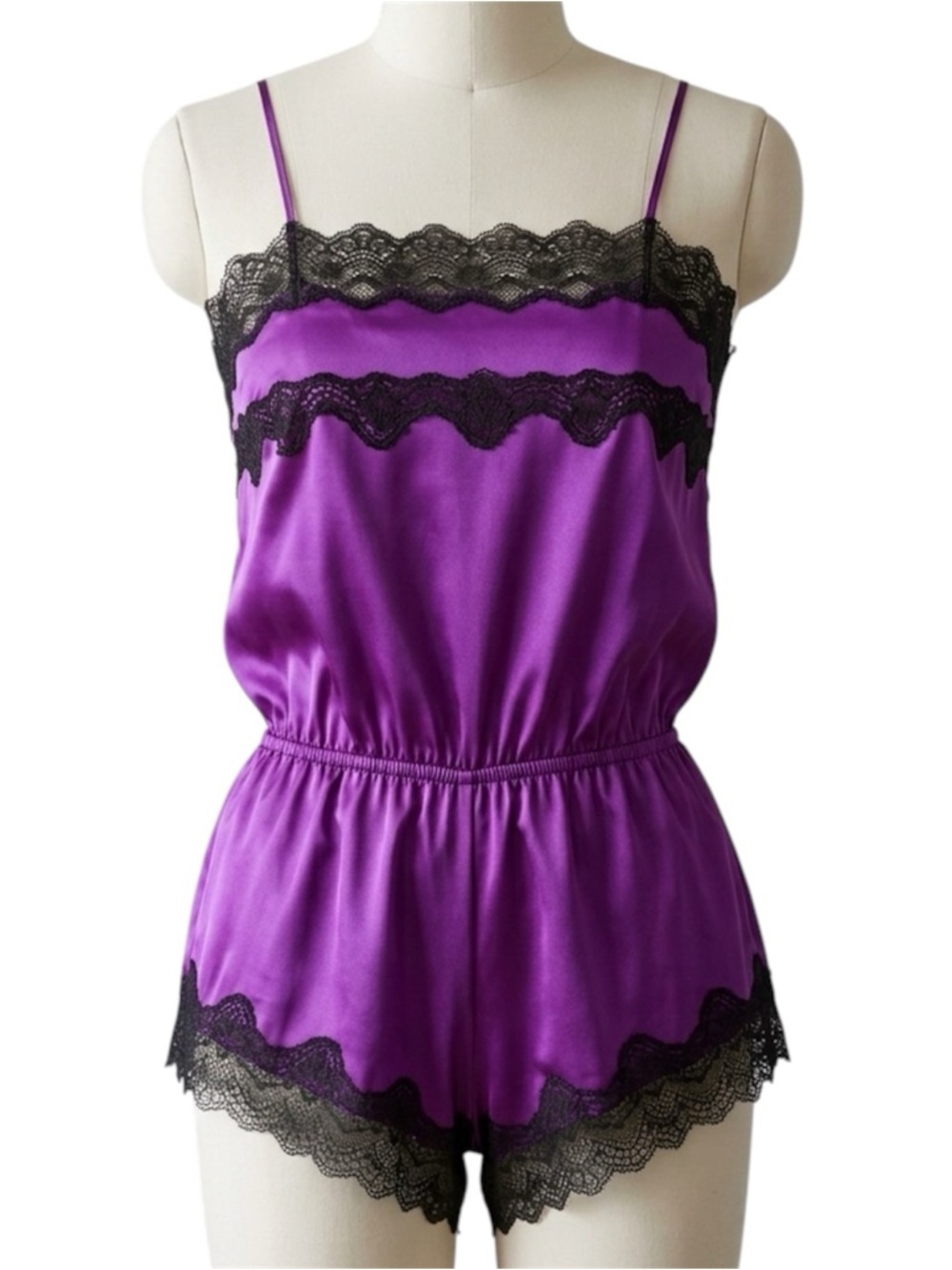 Victoria's Secret Black Lace and Purple Satin Lingerie Romper Size Small